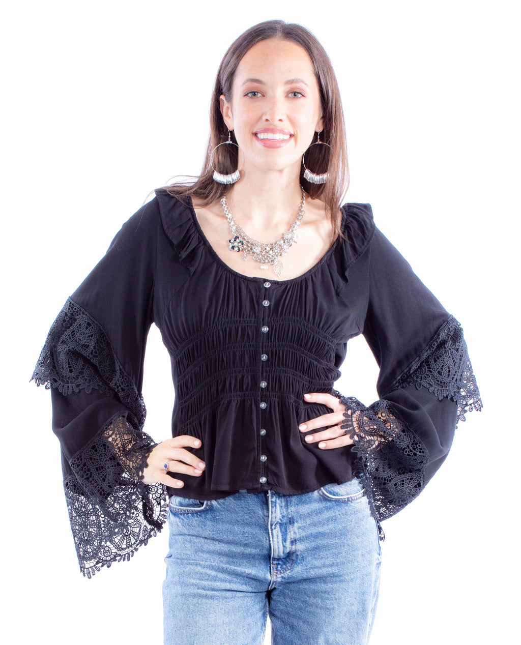 Mystic Prairie Blouse – Boho Gothic Western Top with Crochet Bell Sleeves-HC860