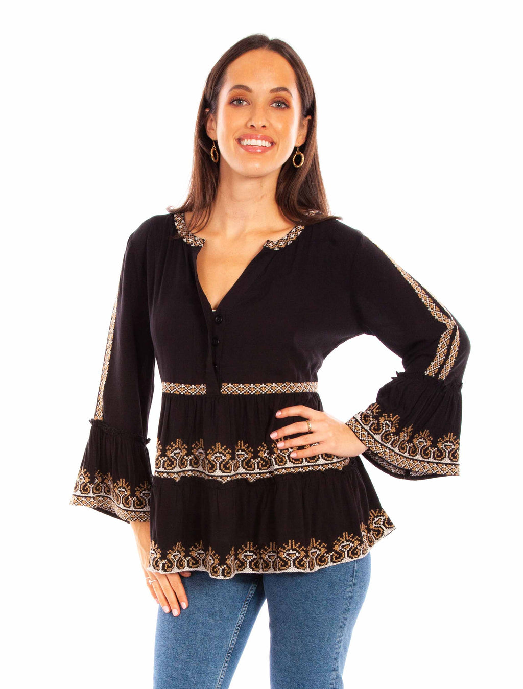 Desert Bloom Embroidered Blouse – Boho Western Cotton Top-HC882