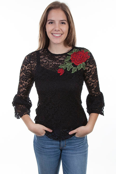 Honey Creek Ladies Black Lace Blouse with Rose Applique HC410 BP2