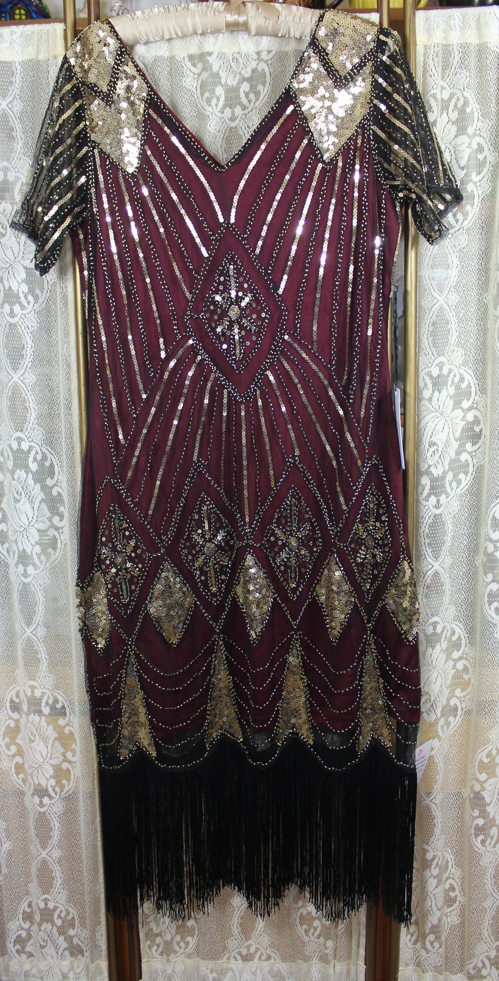 Unique Vintage Burgundy and Gold 1920's Flapper Dress-Size XL.PMST1E