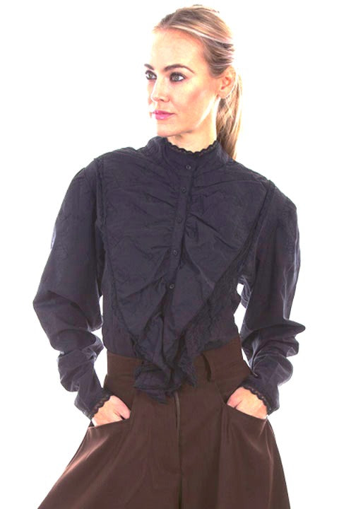 Ladies Black Victorian Blouse With Lace Ruffled Front-RW510-1A