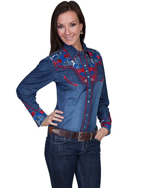 LADIES-WESTERN-DENIM-BLOUSE-RED-WHITE-BLUE