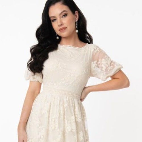 Unique Vintage Off White Lace Andie Midi Dress-BP2