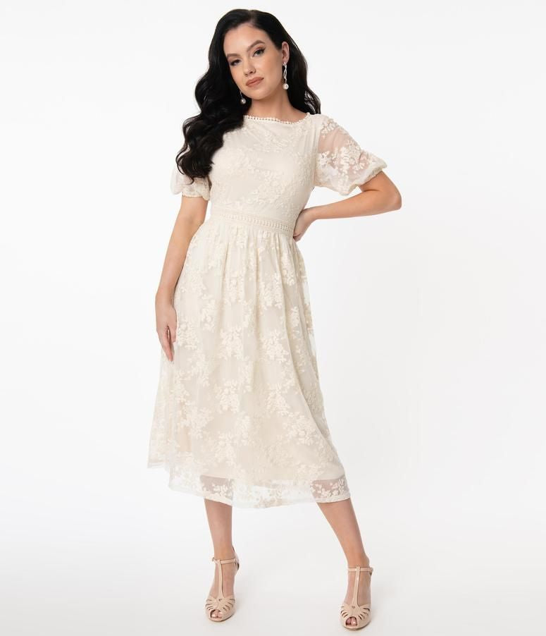 Unique Vintage Off White Lace Andie Midi Dress BP2