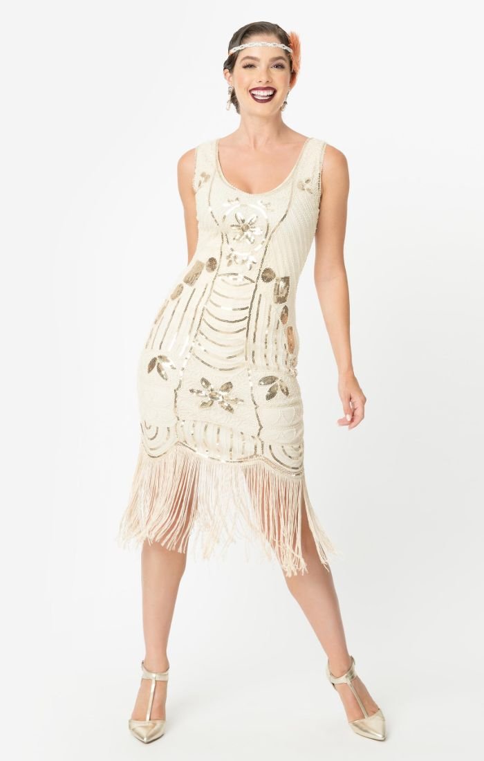 Cream and Gold 1920s Beaded Downton Abbey Flapper Dress-Cremieux Cream and Gold 1920s Beaded Downton Abbey Flapper Dress-Cremieux