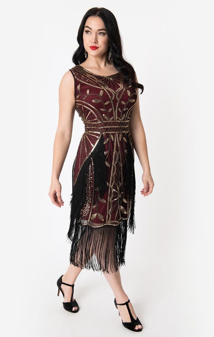 Burgundy and Gold 1920 Beaded Flapper Dress-Ambroise - Blanche's Place