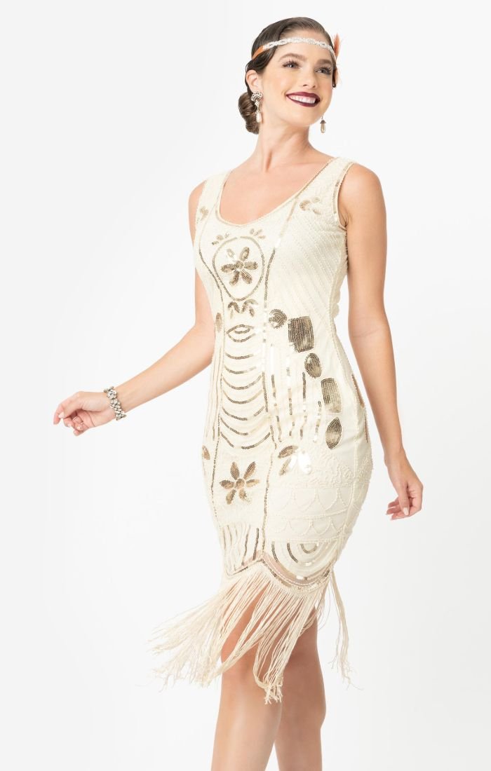 Cream and Gold 1920s Beaded Downton Abbey Flapper Dress-Cremieux Cream and Gold 1920s Beaded Downton Abbey Flapper Dress-Cremieux