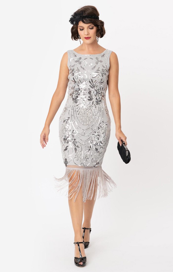 Black Sequin 1920's Vintage Inspired Fringe Flapper Dress-Alix - Blanche's Place