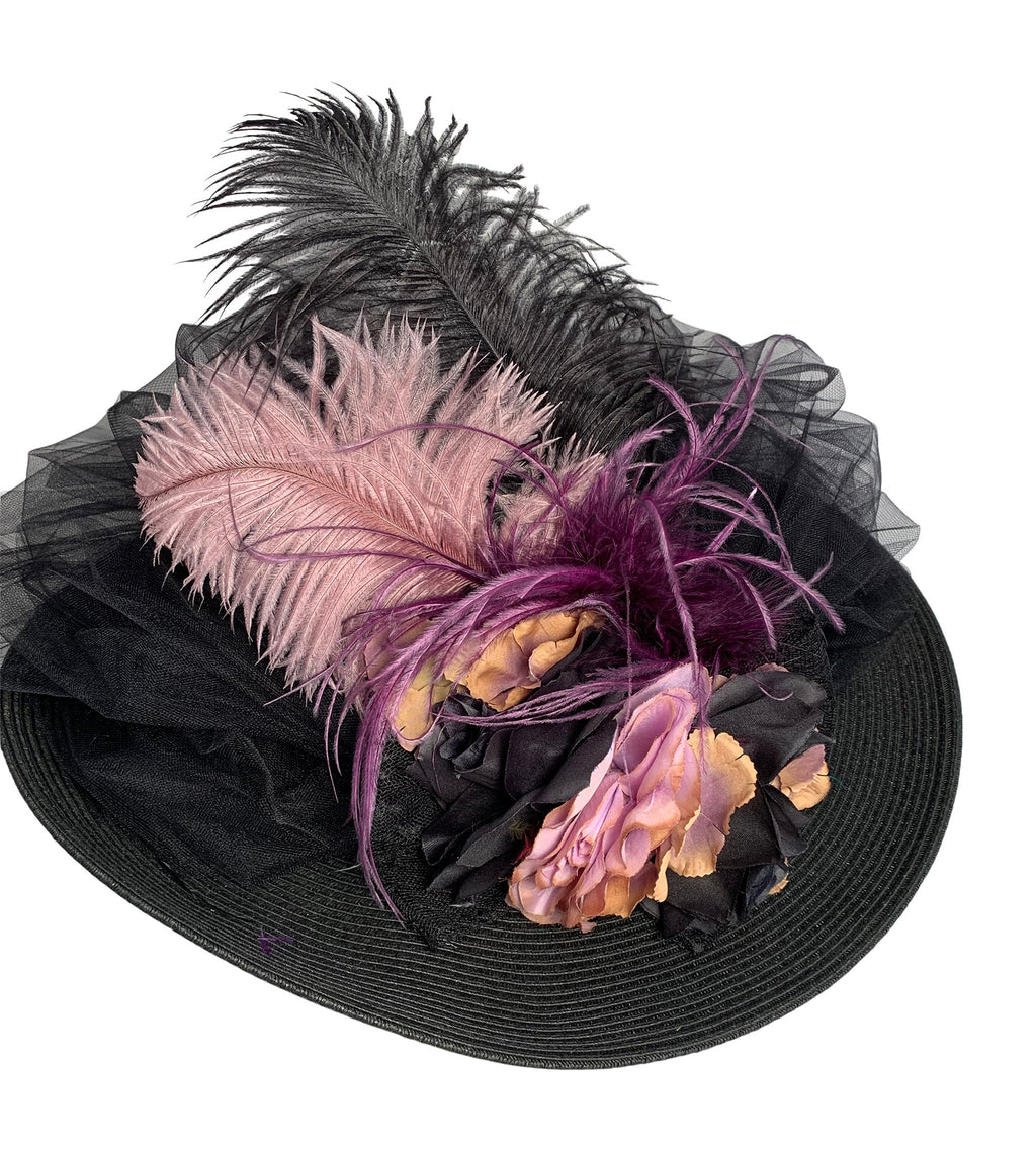 Black 5″ Large Brim Edwardian Hat W/Black Tulle And French Lavender #4499