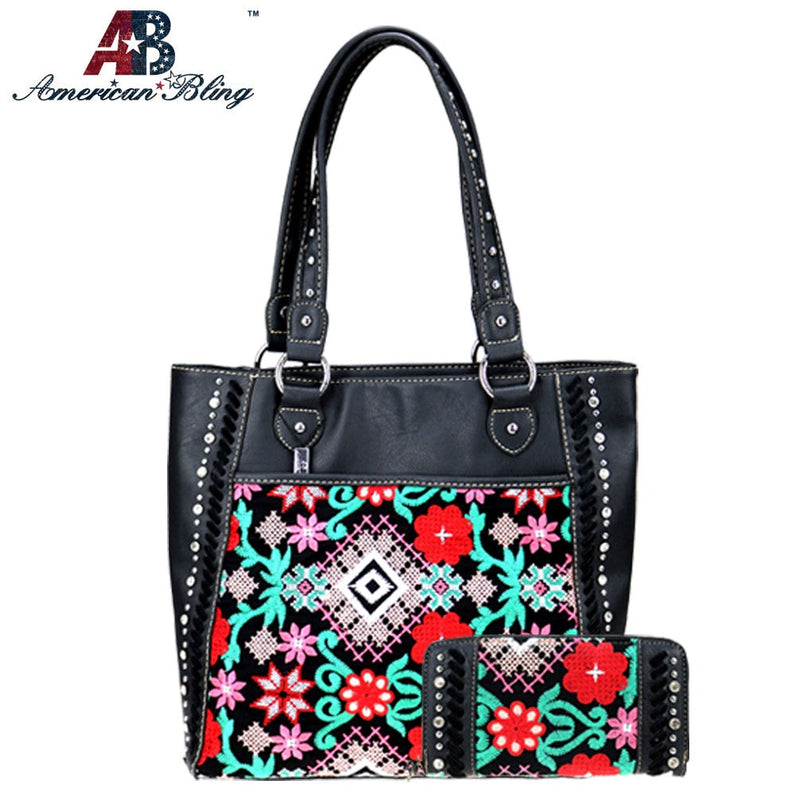 American Bling Floral Embroidered Tote and Wallet Set (Concealed Carry)