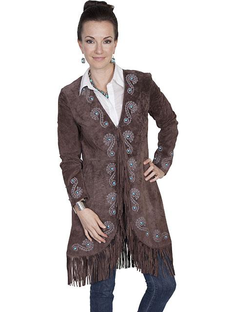 Ladies Long Leather Western Fringe Suede Coat with Turqoise Stud Accents-L165 - Blanche's Place