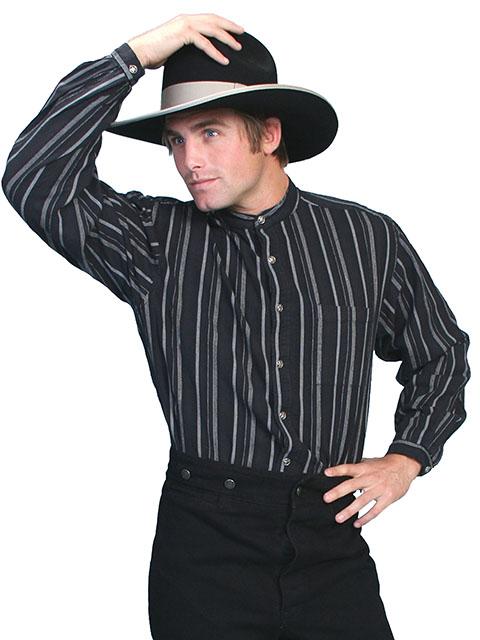 Classic Men's Old West  Striped Shirt with Banded Collar-RW025 - Blanche's Place