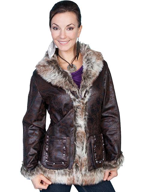 Ladies Western Coat with Faux Fur Trim and stud embellishments 8013