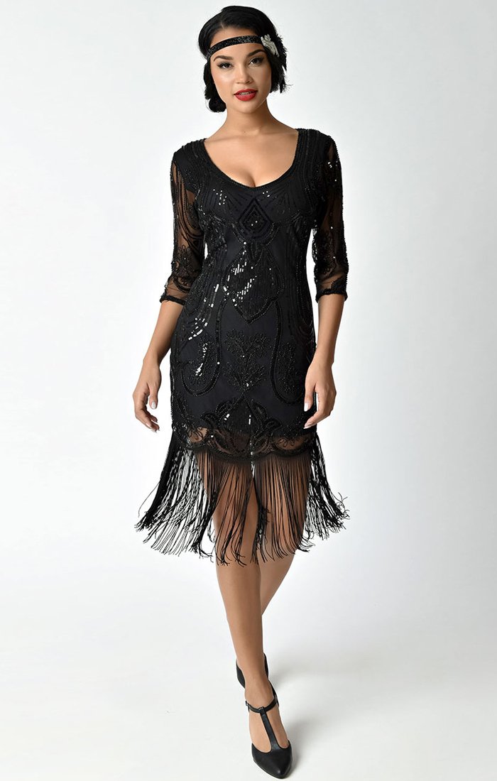 Stunning Vintage Inspired Black 1920's Sequin Cocktail Dress-Margaux - Blanche's Place
