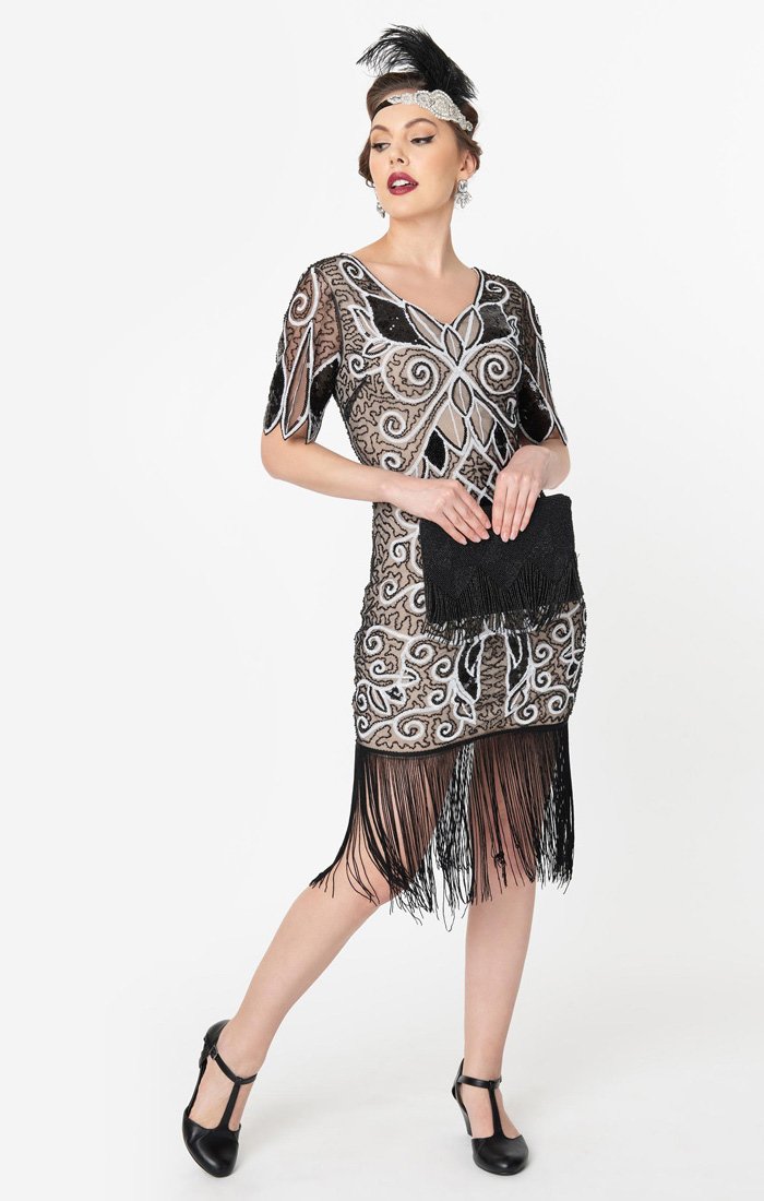 Vintage 1920s Inspired Black & White Sequin Flapper Dress-Florent Vintage 1920s Inspired Black & White Sequin Flapper Dress-Florent