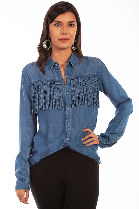 ladies western denim fringe blouse by honey creek