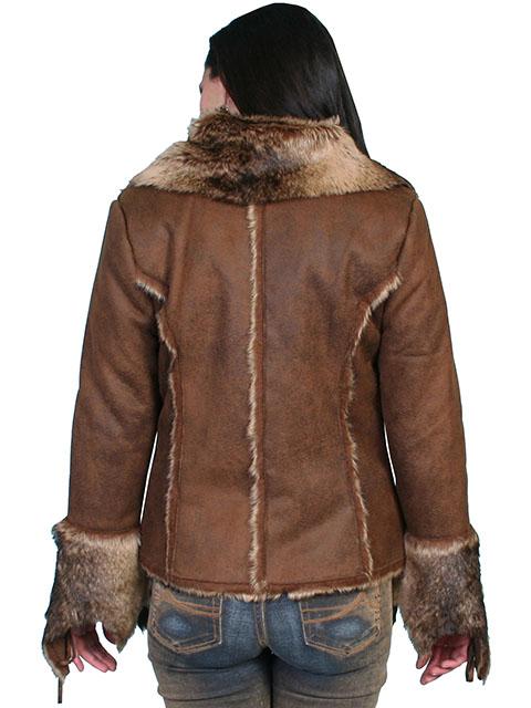 Ladies Western Faux Fur Leather Jacket With Oversized Fur Collar-8010