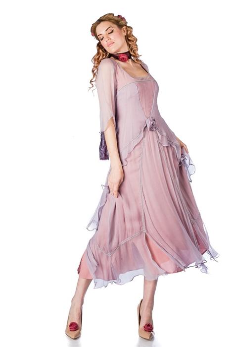 Nataya 1920s vintage inspired mauve chiffon dress with rosette