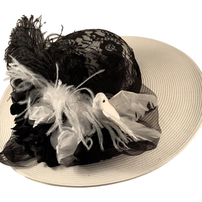 White and Black Large Brimmed Edwardian HatBlack And Bird #1453