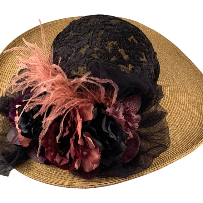 Large brim Edwardian hat with Black burnout velvet crow