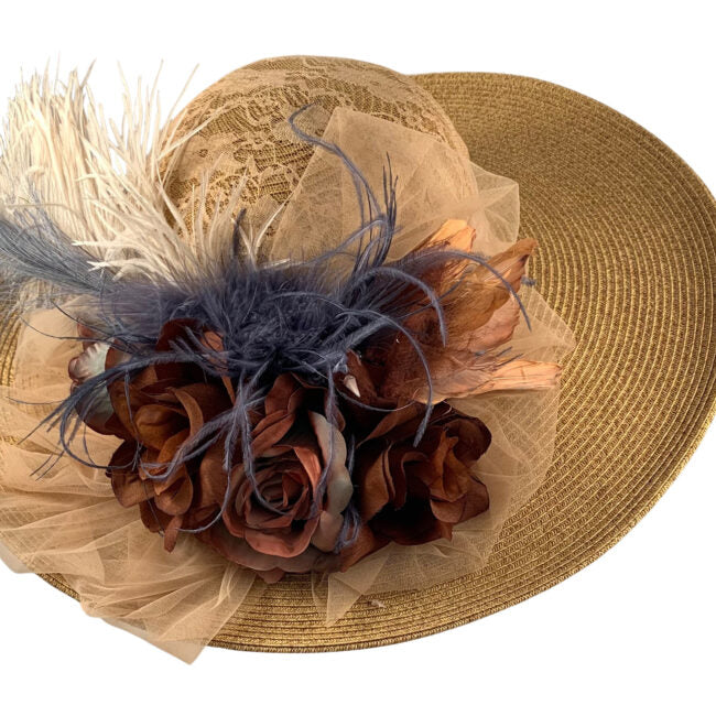 Large Brim Edwardian Hat Antique Lace Crown and French Blue and Brown Roses