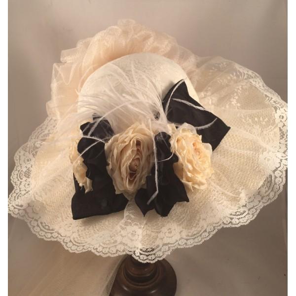 Ladies Ivory Victorian Hat with Black Accents-152 - Blanche's Place