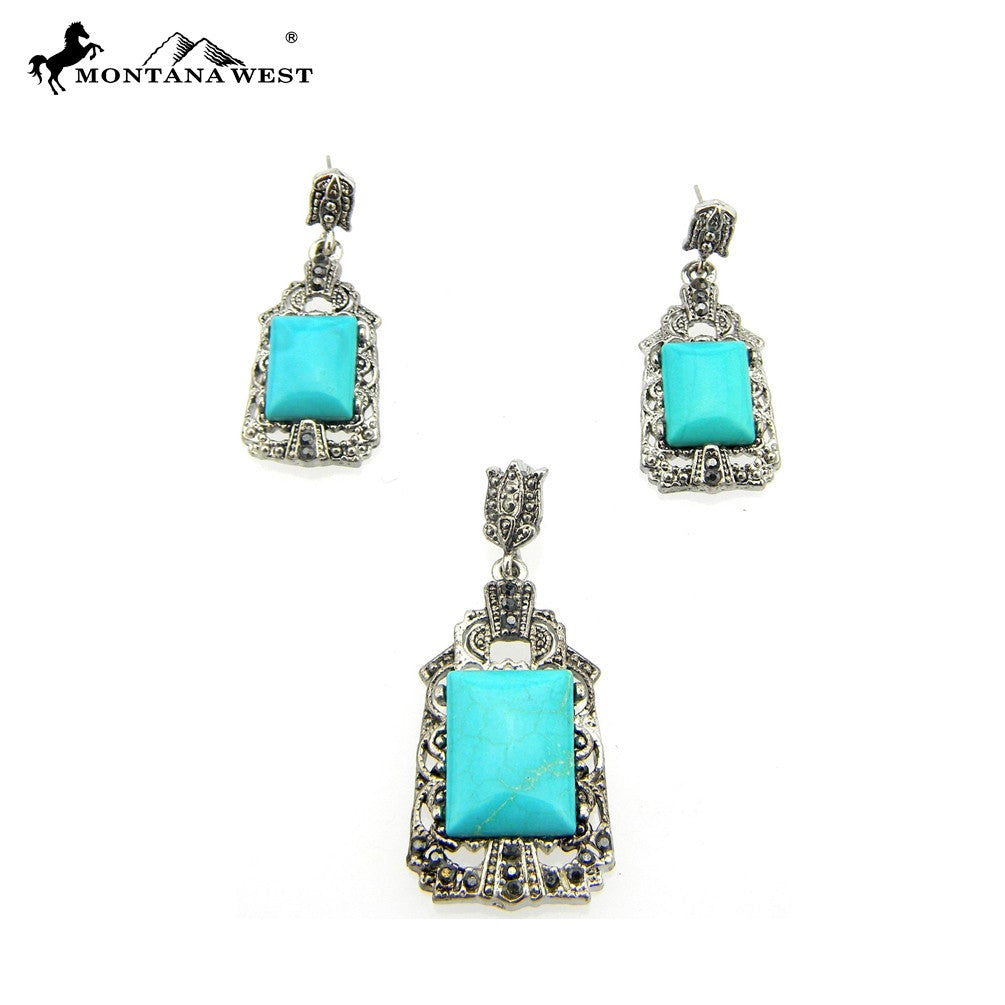 NE0112-02TQB  Metal Base Dyed TQ Stone Pendant and Earring Set Oval