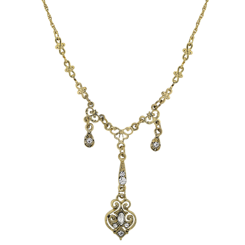 GOLD-TONE EDWARDIAN TRIPLE DROP WITH ELABORATE CENTER Y-NECKLACE 16 ADJ. - 17541 - Blanche's Place