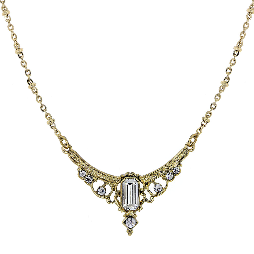 GOLD-TONE EDWARDIAN WITH CRYSTAL BAGUETTE CENTER COLLAR NECKLACE 16 ADJ. - 17543 - Blanche's Place