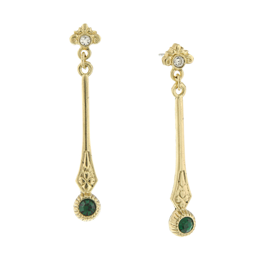 GOLD-TONE EMERALD COLOR CRYSTAL EARRINGS WITH CRYSTAL POST TOP LINEAR DROP-17549 - Blanche's Place