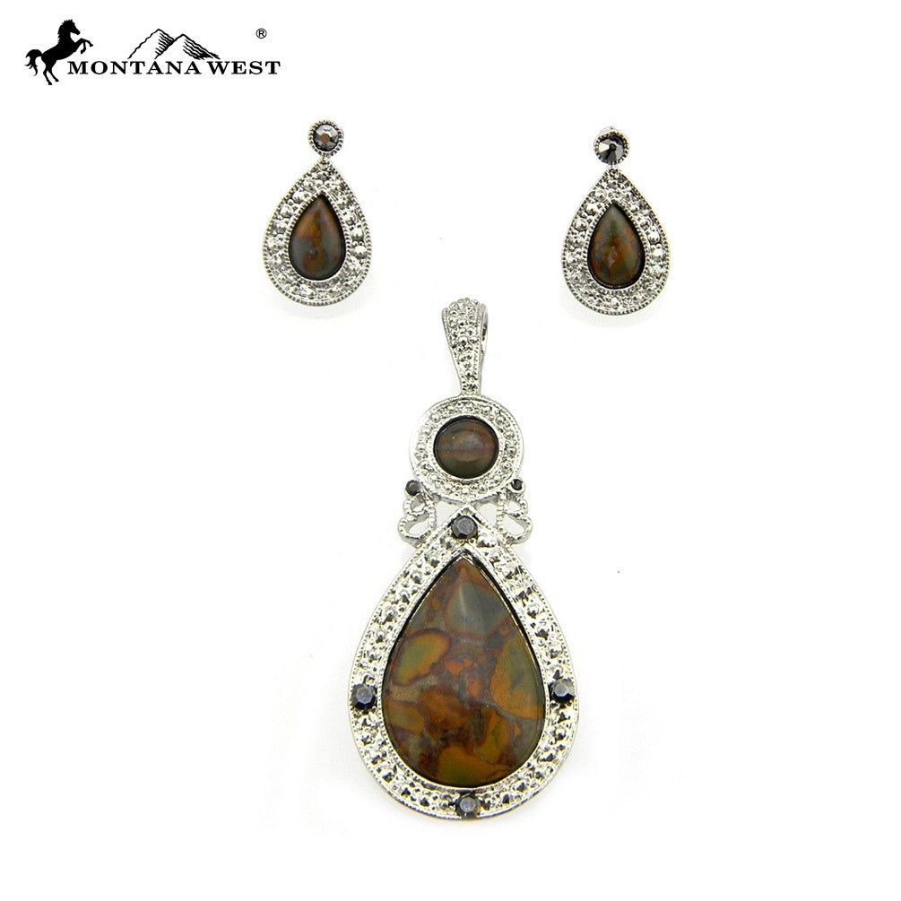 NE0112-01BRN  Metal Base Dyed TQ Stone Pendant and Earring Set