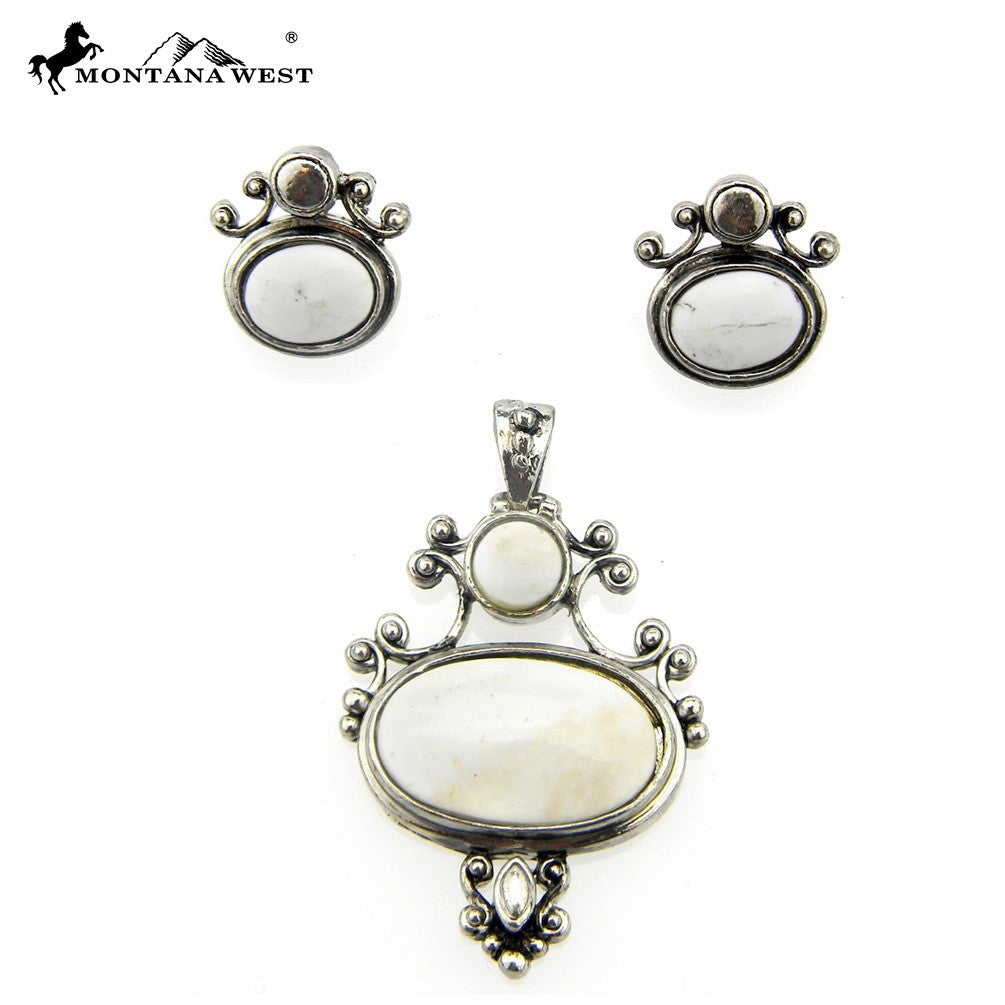 NE0112-04WHT Metal Base Dyed TQ Stone Pendant and Earring Set Oval