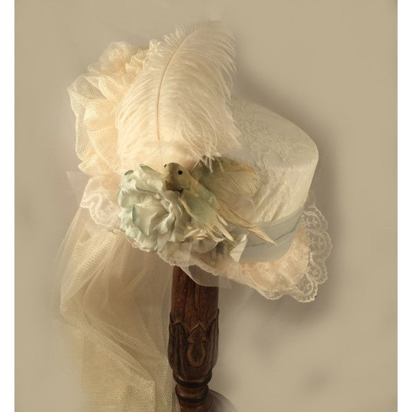 Ladies Ivory Victorian Riding Hat with Seafoam Accents