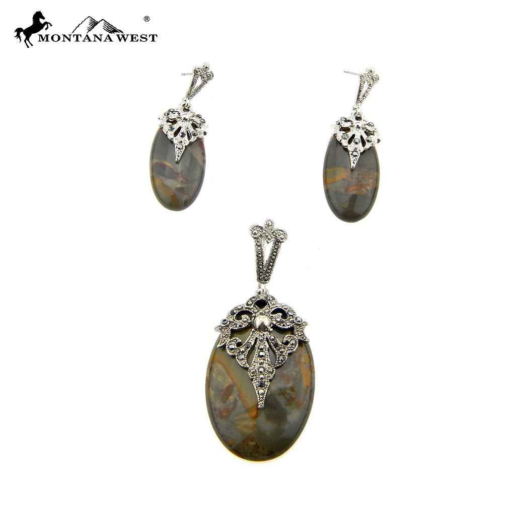 NE0112-03BRN  Metal Base Dyed TQ Stone Pendant and Earring Set Teardrop