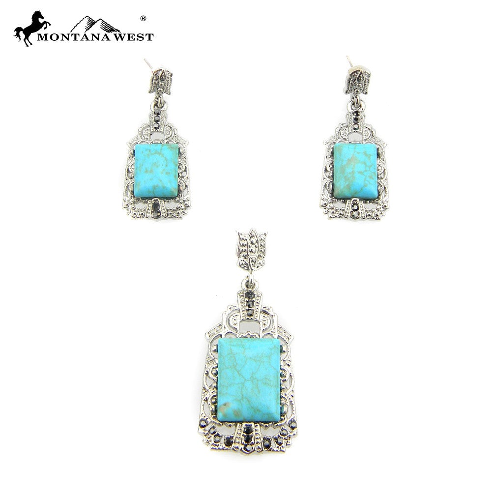 NE0112-02TQ  Metal Base Dyed TQ Stone Pendant and Earring Set Oval