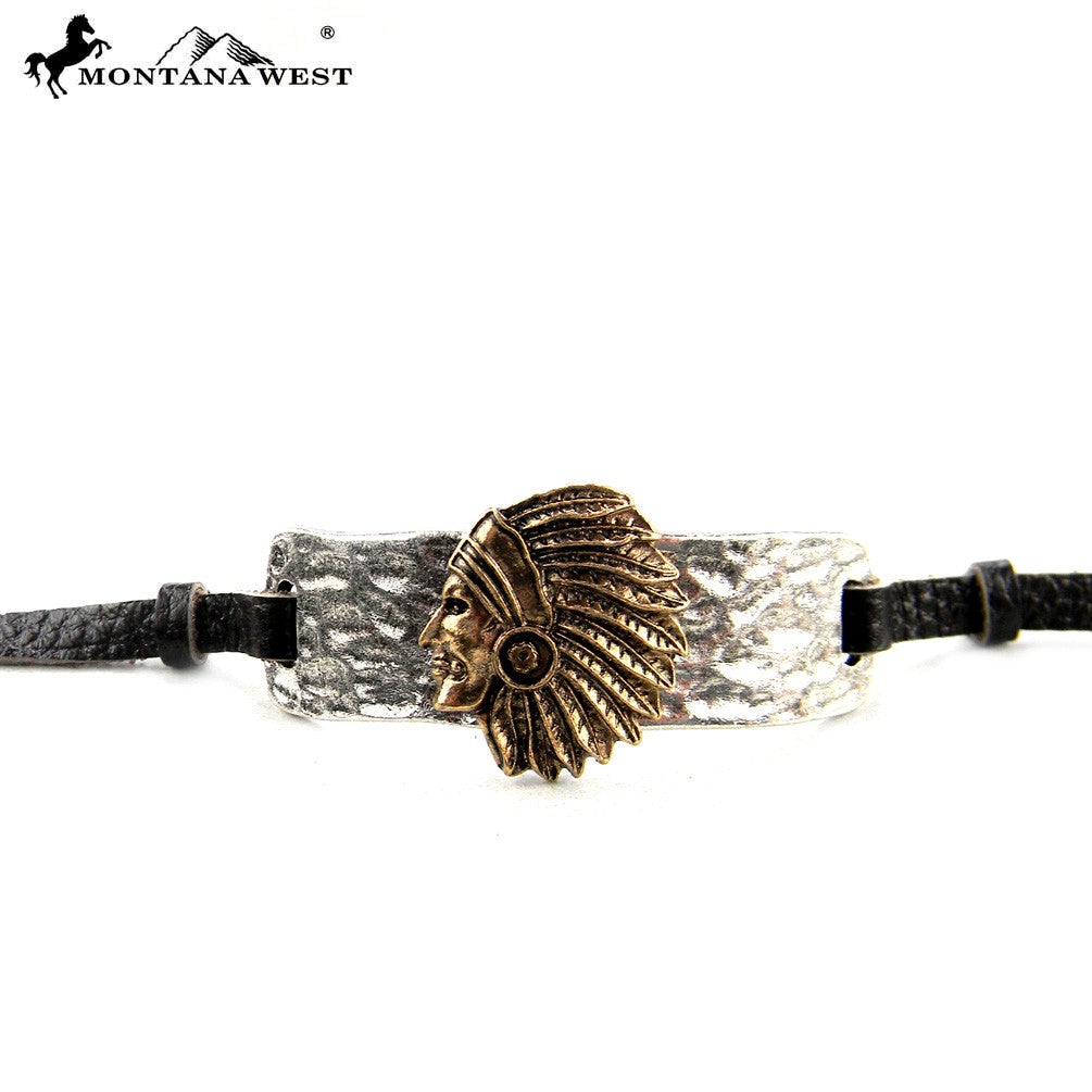 BR160101-01SLV Indian Head With leather Cord Bracelet