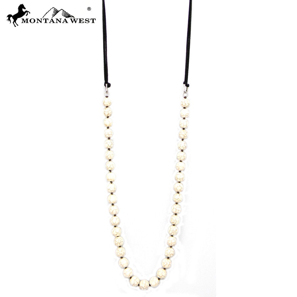 N0534   36" Hand-Knotted 12MM White TQ Beads With Black Suede Necklaace