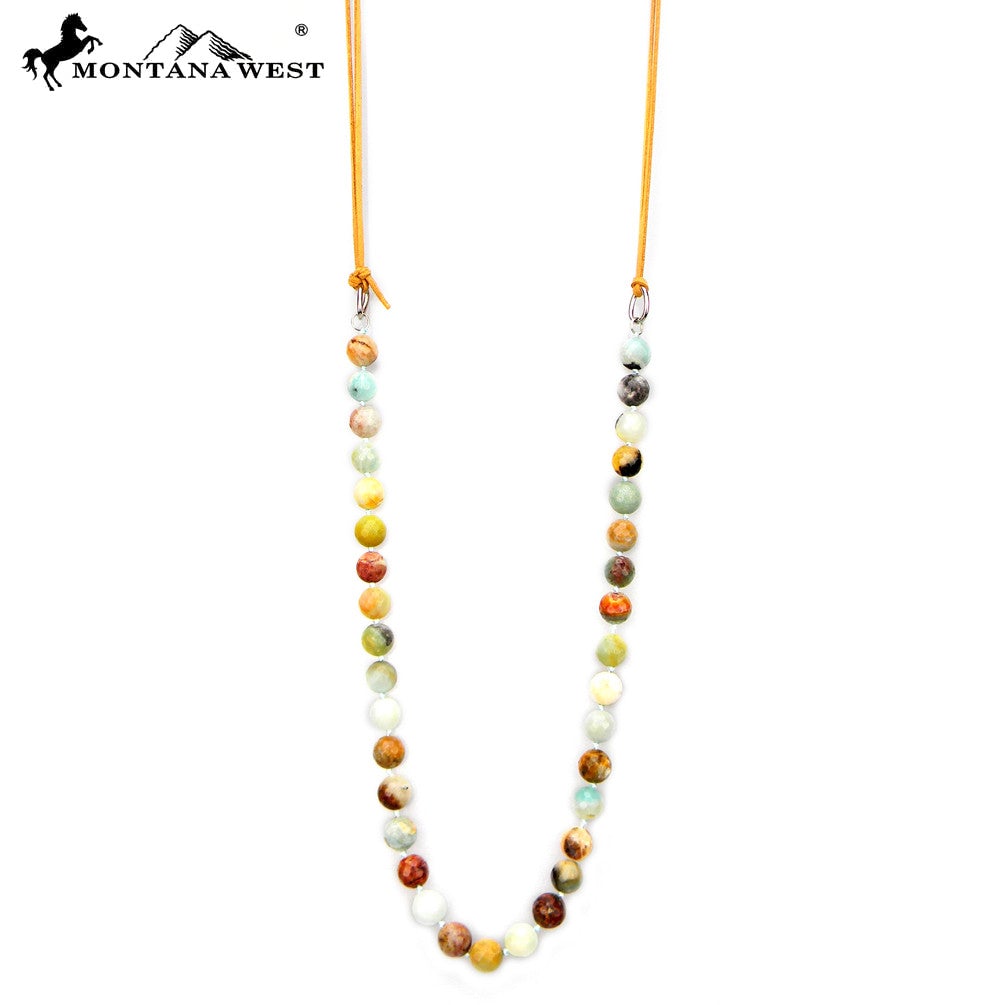 N0533   36" Hand-Knotted 12MM Faced Cutting Amazonite Beads With Light Brown Suede Necklace