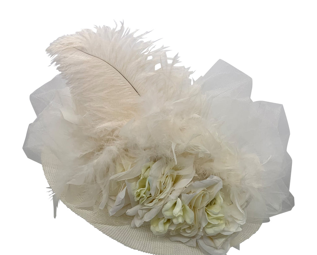 Large Brim Edwardian Hat W/Tulle And Ivory Flowers #4488