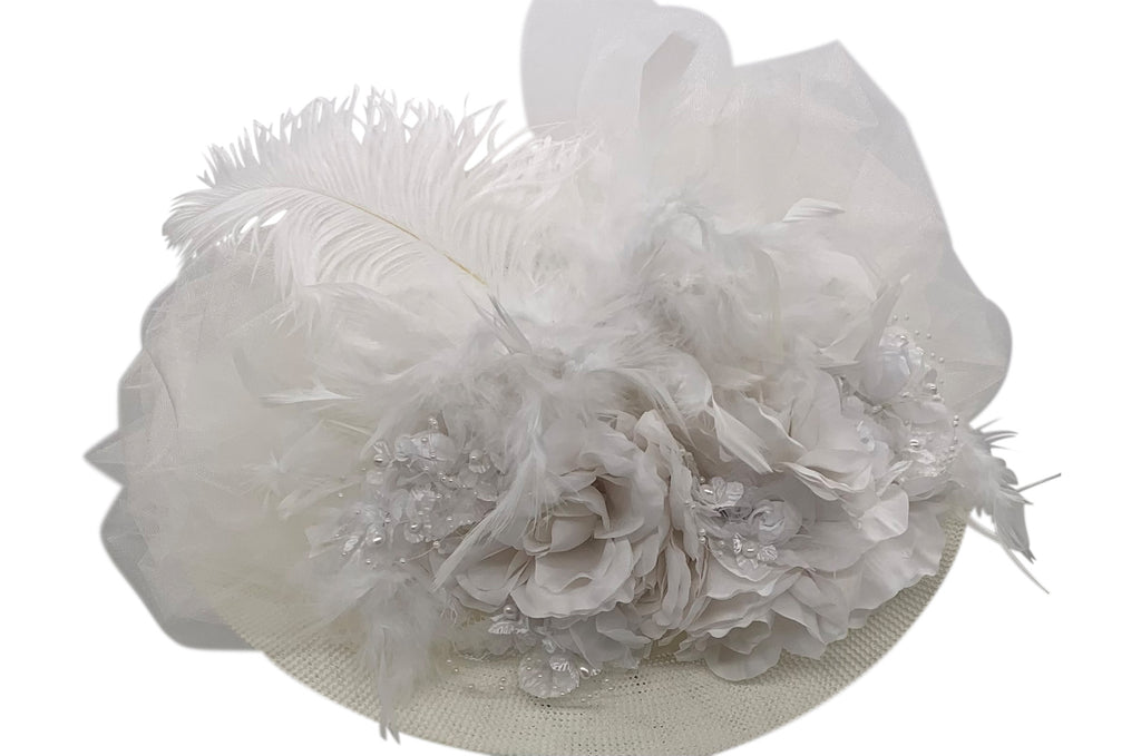 White 5″ Large Brim Edwardian Hat W/Tulle White Flowers #4494