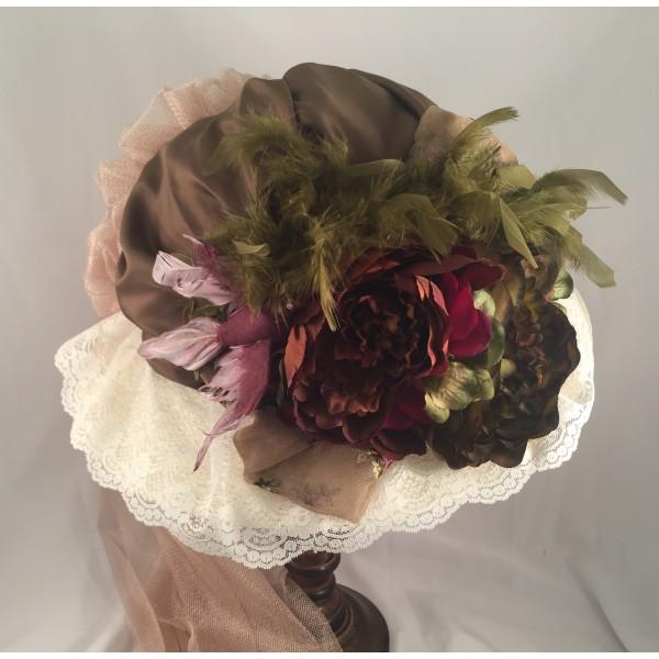 Ladies Ivory Victorian Hat with Antique Green and Burgundy Accents-650 - Blanche's Place