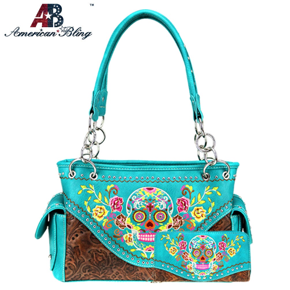 ABS-G026  American Bling Sugar Skull Collection Concealed Carry Satchel and Wallet Set