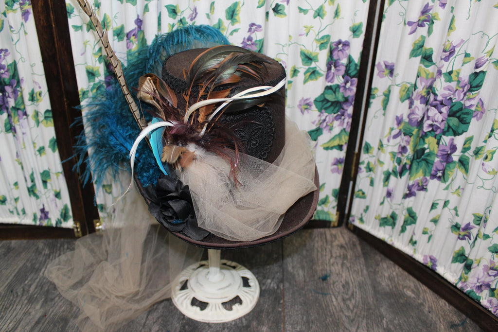 Ladies Victorian Top Hat with Feathers - Blanche's Place