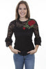 Ladies Black Lace Western Blouse with Rose Applique-HC410 - Blanche's Place