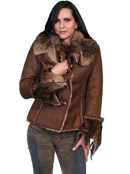 Ladies Western Faux Fur Leather Jacket With Oversized Fur Collar