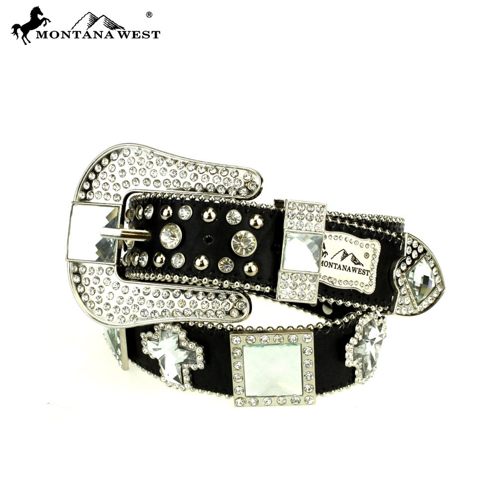 ME-B03-S045-S008 Montana West Crystal Cross Belt-BK-WT