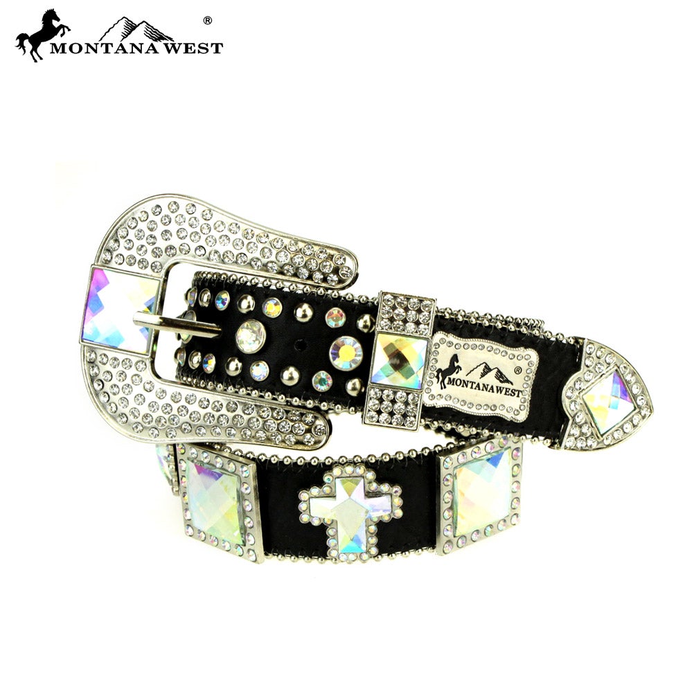 ME-B03-S045-S008 Montana West Crystal Cross Belt BK-RA
