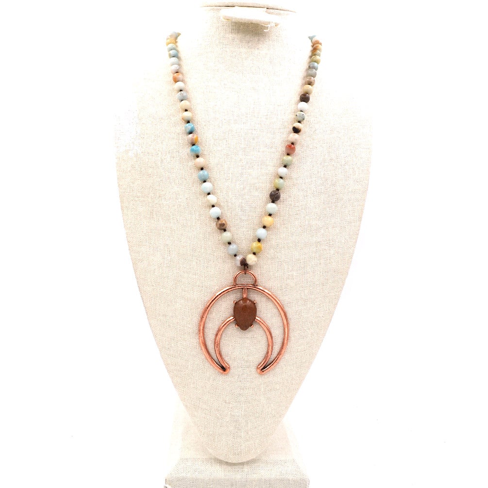 NKS190201-01 AZNTE/CPR  Amazonite necklace with copper squash blossom with brown stone