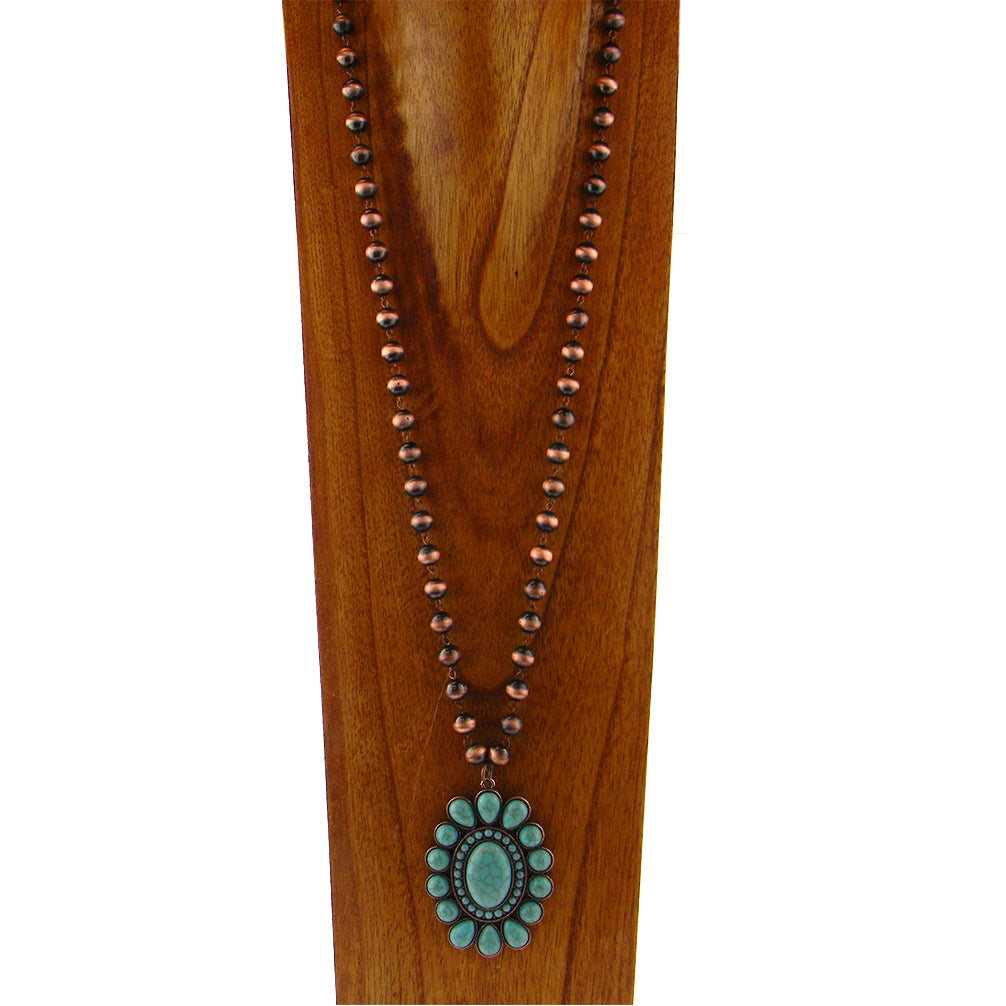 NKY180131-02CP/TQ 38"L COPPER COLOR NATIVE BEADS NECKLACE WITH TQ PENDANT