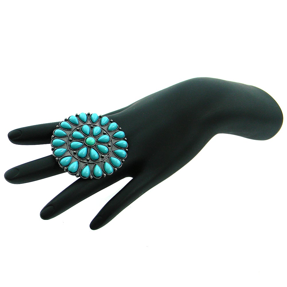 RGZ160925-07 TQ/SLV   BIG ROUNG STYLE TQ BEADS STRECH RING
